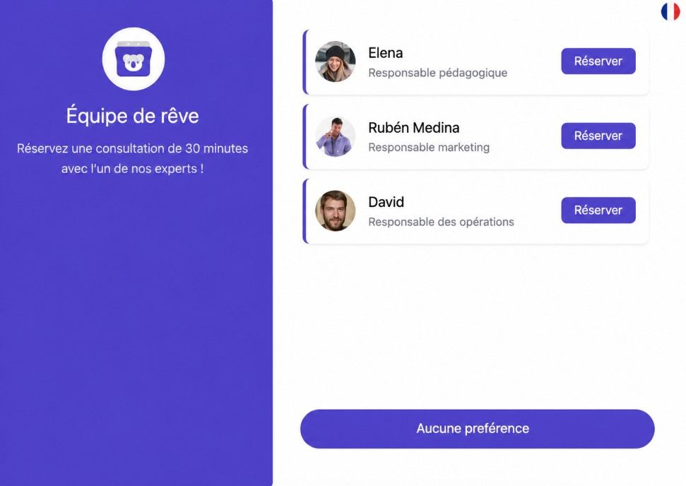 page de réservation d’équipe créée avec Koalendar avec des calendriers en ligne partagés